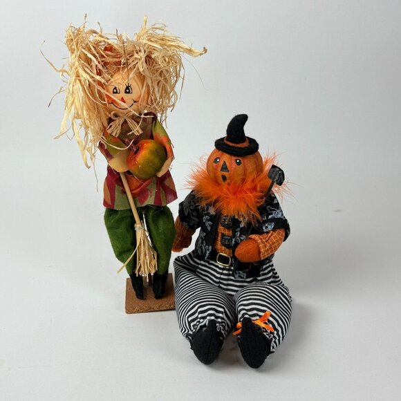 Festive Halloween Harvest Scarecrow Pair Pumpkin Witch Free Standing Decor - Picture 1 of 9